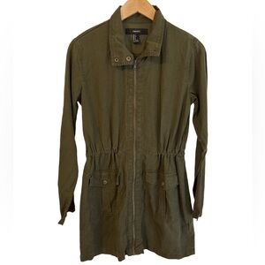 Forever 21 Dark Army Green Zip Up pocket Military Cargo Coat Jacket Size SMALL